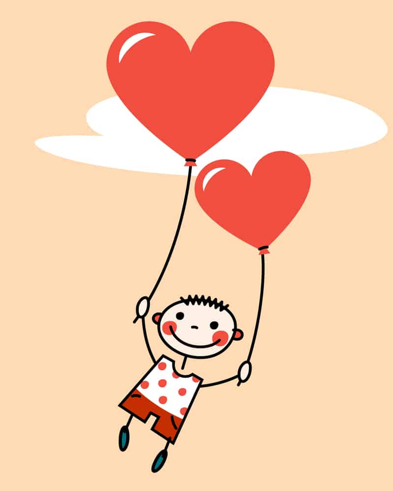 Very romantic boy lifted into sky by heart-shaped balloons. 