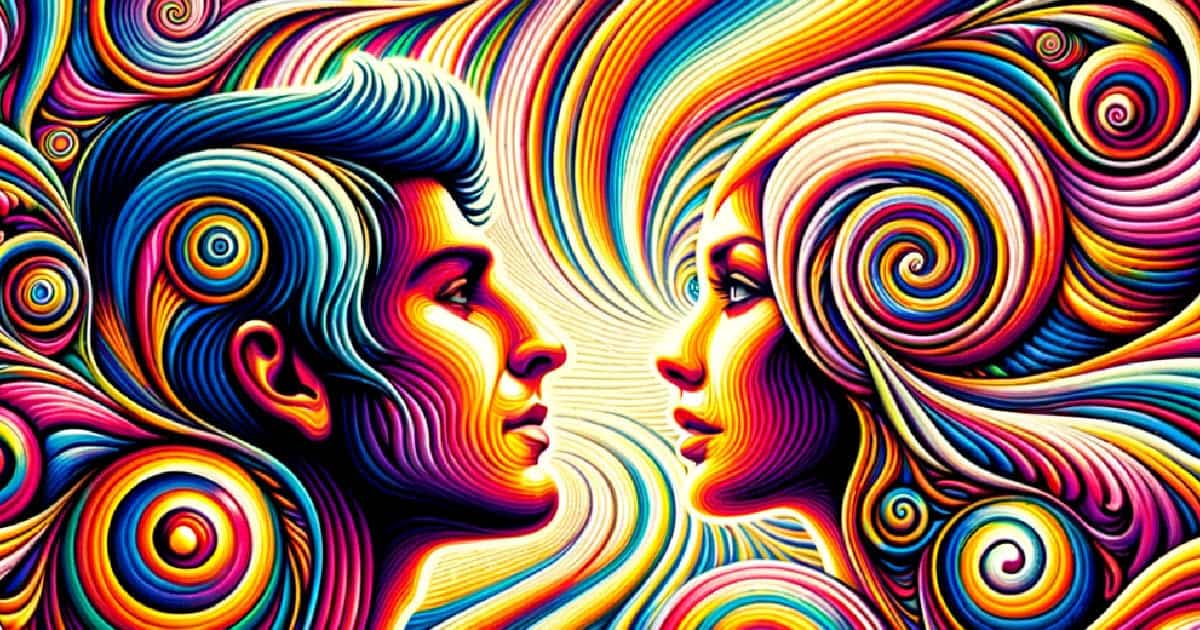 Psychedelic Art style: A man and woman gazing into each other's eyes, enveloped in a whirlwind of bright colors, spirals, and wavy lines, capturing the essence of 1960s psychedelic art.